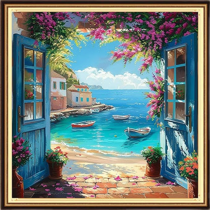 DMCVIVR Stamped Cross Stitch Kits for Adults Beginners Embroidery Kits 11CT Needlepoint Kits Cross Stitch Patterns Embroidery Patterns-Beautiful sea View Outside The Door 18x18 inch