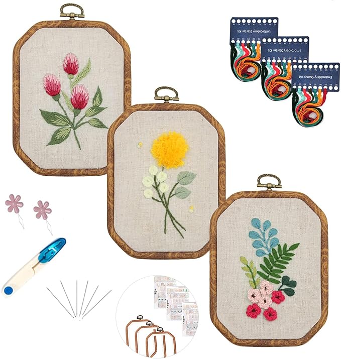Maydear 3 Pack Embroidery Starter Kit with Pattern, Stamped Cross Stitch Kits for Beginners Adults with Embroidery Hoop and Instructions, Hand Embroidery Kit (B Set Embroidery Starter Kit)