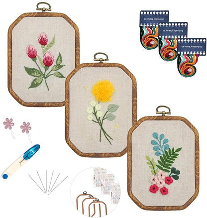 Maydear 3 Pack Embroidery Starter Kit with Pattern, Stamped Cross Stitch Kits for Beginners Adults with Embroidery Hoop and Instructions, Hand Embroidery Kit (B Set Embroidery Starter Kit)