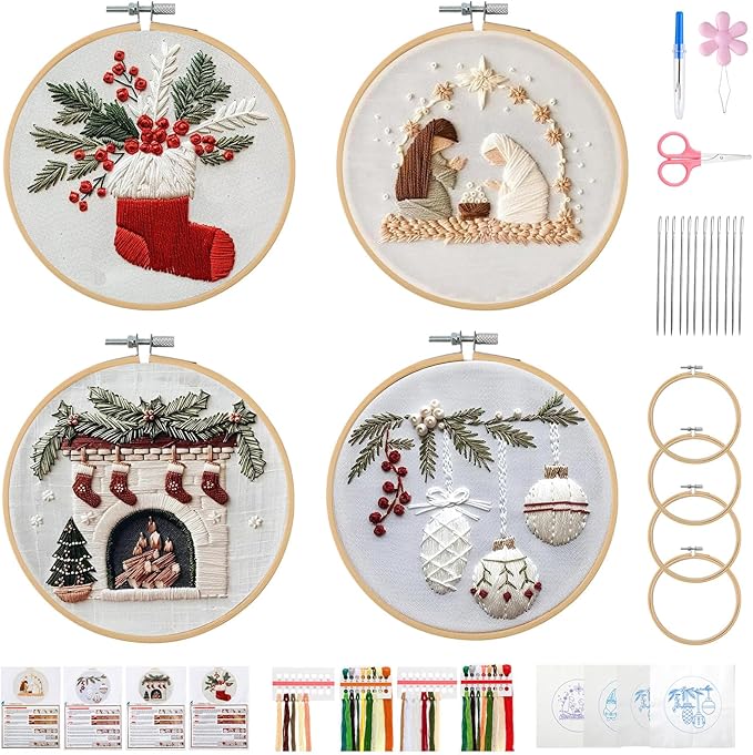 Christmas Embroidery Kit, DIY Hand Embroidery Kit, Beginner Embroidery Kit for Adults, Embroidery Christmas Ornament Kits (C)
