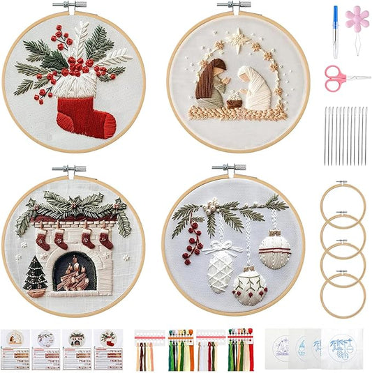 Christmas Embroidery Kit, DIY Hand Embroidery Kit, Beginner Embroidery Kit for Adults, Embroidery Christmas Ornament Kits (C)