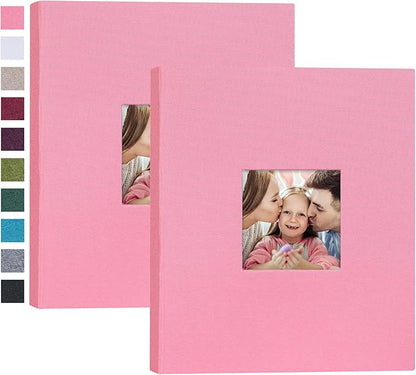 Mublalbum 2 Pack Small 8x10 Photo Album 2 Pack Linen Cover with Display Window Mini Picture Book Each Holds 52 Vertical Pockets for Artwork Postcards or Pictures Storage (Pink)