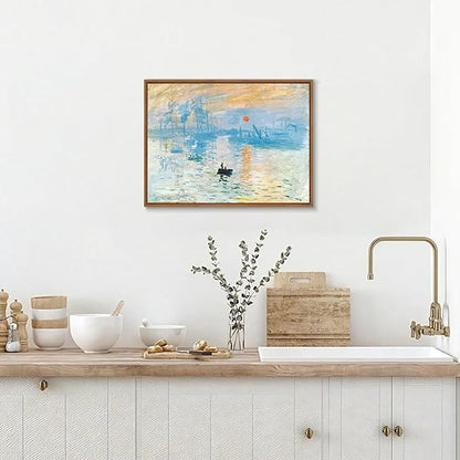 WENGTIAO Impression Sunrise Claude Monet Framed Canvas Wall Art Prints Natural Sunrise Scenery Oil Paintings Reproduction Blue Seascape Canvas Picture Artwork Decor for Living Room Bedroom 12x16 inch