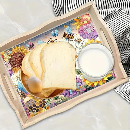 DoxQcs DIY Diamond Art Wooden Tray Kit Easter Food Tray with Handle Diamond Painted Table Decoration Tray for Breakfast Bar Dinner Table Diamond Art Painting for Beginners-#01-Sunflower Bee