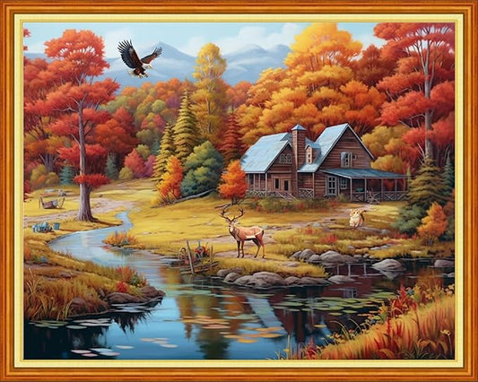 Dimensean Stamped Cross Stitch Kits Full Range of Embroidery Patterns Starter Kits for Beginners Adult DIY Cross Stitches Needlepoint Kits 11CT-Autumn Home 16x20 inch