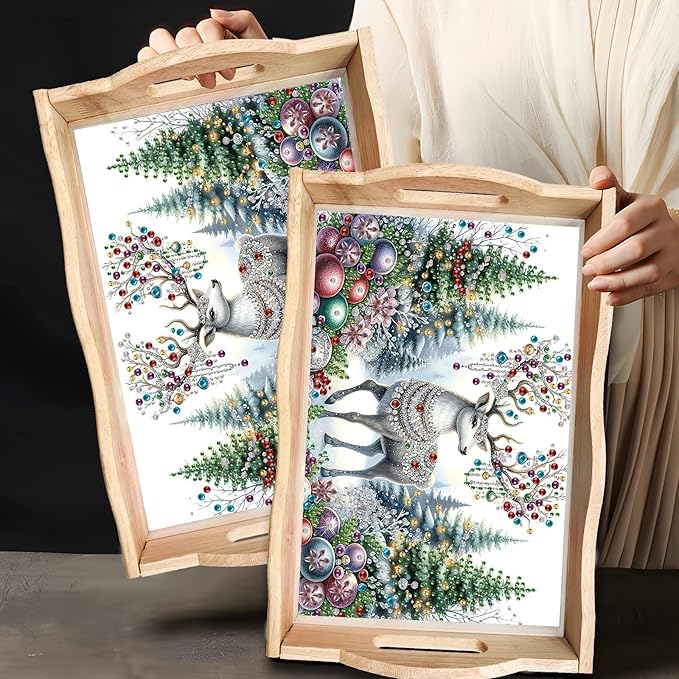 DIY Diamond Art Painting Wooden Tray Kit With Handle, Food Tray for Breakfast, Bar Dinner Table Decoration, Diamond Dots Gem Painting Art Set for Beginners - Christmas Elk2