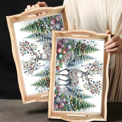 DIY Diamond Art Painting Wooden Tray Kit With Handle, Food Tray for Breakfast, Bar Dinner Table Decoration, Diamond Dots Gem Painting Art Set for Beginners - Christmas Elk2