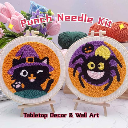 Halloween Punch Needle Kit for Adult Beginner, Easy Punch Embroidery Starter Set with Instruction, Fun DIY Needle Point Craft for Home Decor & Holiday Gift Idea(2pcs Cat & Spider)