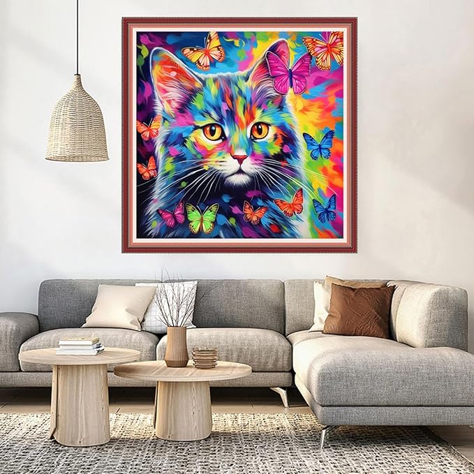 DMCVIVR Stamped Cross Stitch Kits for Beginners Adults Needlepoint Kits for Beginners Embroidery Kits for Adults Crossstitch Kit for Beginners 11CT-Colorful Cat 18x18 inch