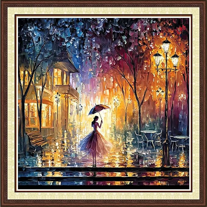Magxvouy Cross Stitch Kits Stamped Full Range of Embroidery Kits,Cross Stitch Patterns Needlework Kits for Beginners 11CT Printed Kits&The Rainy Night Girl's Myself 18x18 inchs
