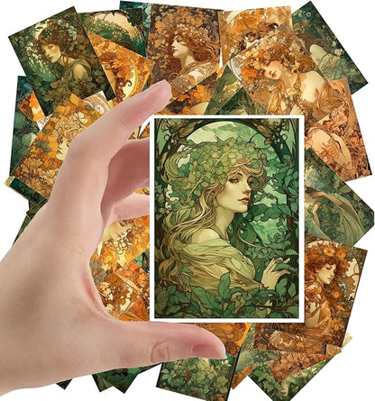 Large Stickers (24 pcs 2.5"x3.5" Each) Autumnal Art Nouveau Style Portraits of Serene Ladies Surrounded by Nature Vintage Postcards Retro Greeting Card Book Illustration Reprint