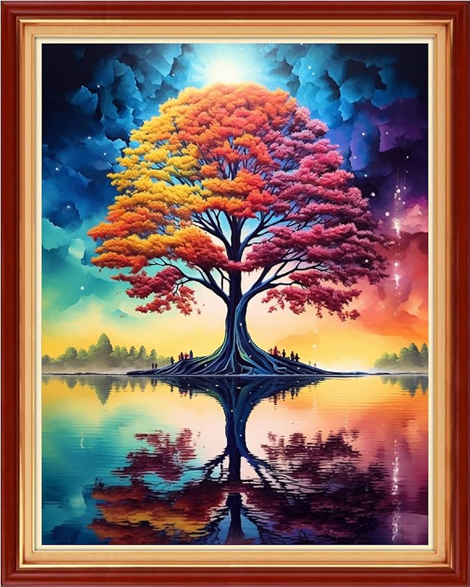 Dimensean Stamped Cross Stitch Kits Full Range of Embroidery Patterns Starter Kits for Beginners Adult DIY Cross Stitches Needlepoint Kits 11CT-Colorful Trees by The Lake 16x20 inch