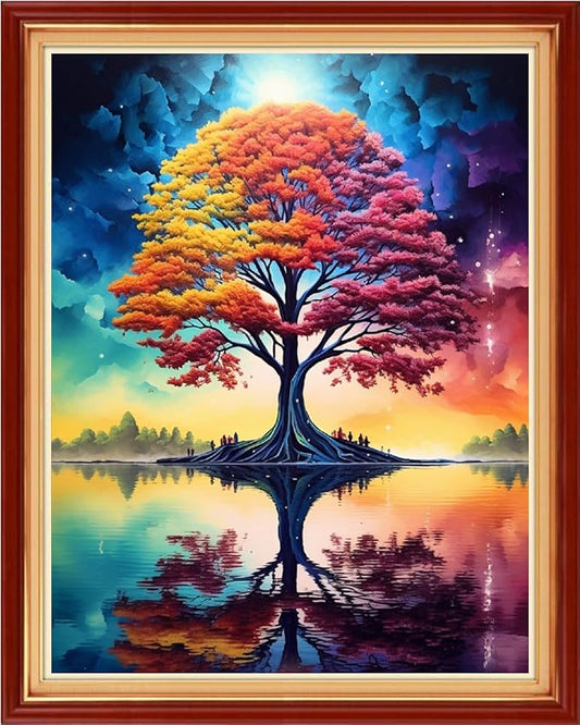 Dimensean Stamped Cross Stitch Kits Full Range of Embroidery Patterns Starter Kits for Beginners Adult DIY Cross Stitches Needlepoint Kits 11CT-Colorful Trees by The Lake 16x20 inch