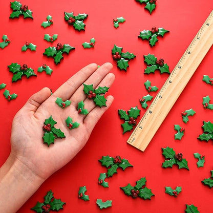 50 Pieces Holly Berries Christmas Embellishments Flatback Green Leaves Resin Charms Cute Charms Wreath Making Supplies Handmade Art Craft for Christmas Cards DIY Garland Scrapbook Decor
