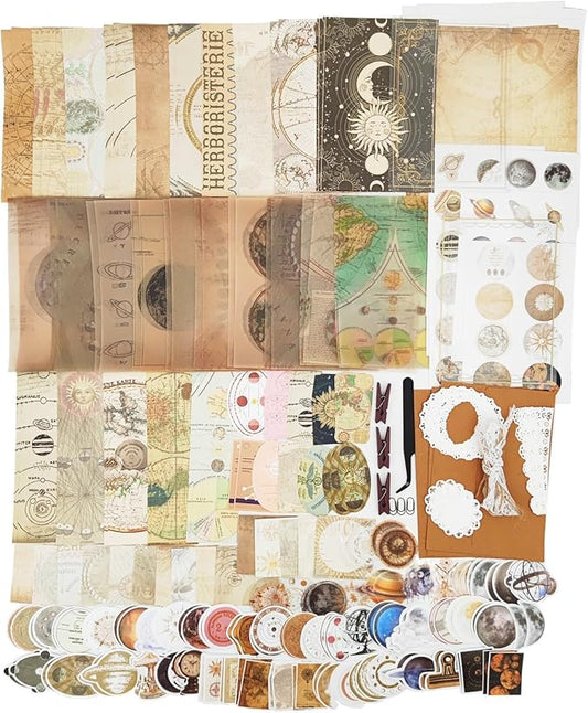 251PCS Vintage Scrapbook Supplies Pack, Scrapbooking Paper and Stickers Ephemera Bundle Junk Journal Kit for Art Aesthetic Journaling Collage Decoupage Craft (Space)