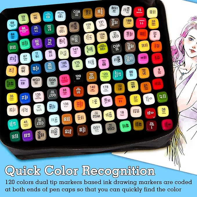 Cautyfky 120 Colors Dual Tip Alcohol Markers, Dual Tips Art Markers, Permanent Sketch Marker Set for Adults Coloring, Painting, Sketching, Illustrations