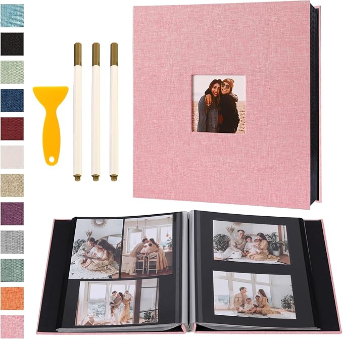 Self Adhesive Photo Album Black Pages Scrapbook Magnetic Photo Albums for 4x6 5x7 8x10 Pictures Books with Sticky Pages with A Metallic Pen for Baby Family Wedding 13.2x12.8 Pink 120 Pages