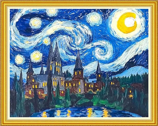 Fanxvivy Stamped Cross Stitch Kits for Beginners Full Range of Cross Stitching Preprinted Embroidery Kits for Adults, 11CT Embroidery Pattern Needlepoint Kits-Van Gogh Starry Sky Castle 16x20 inch