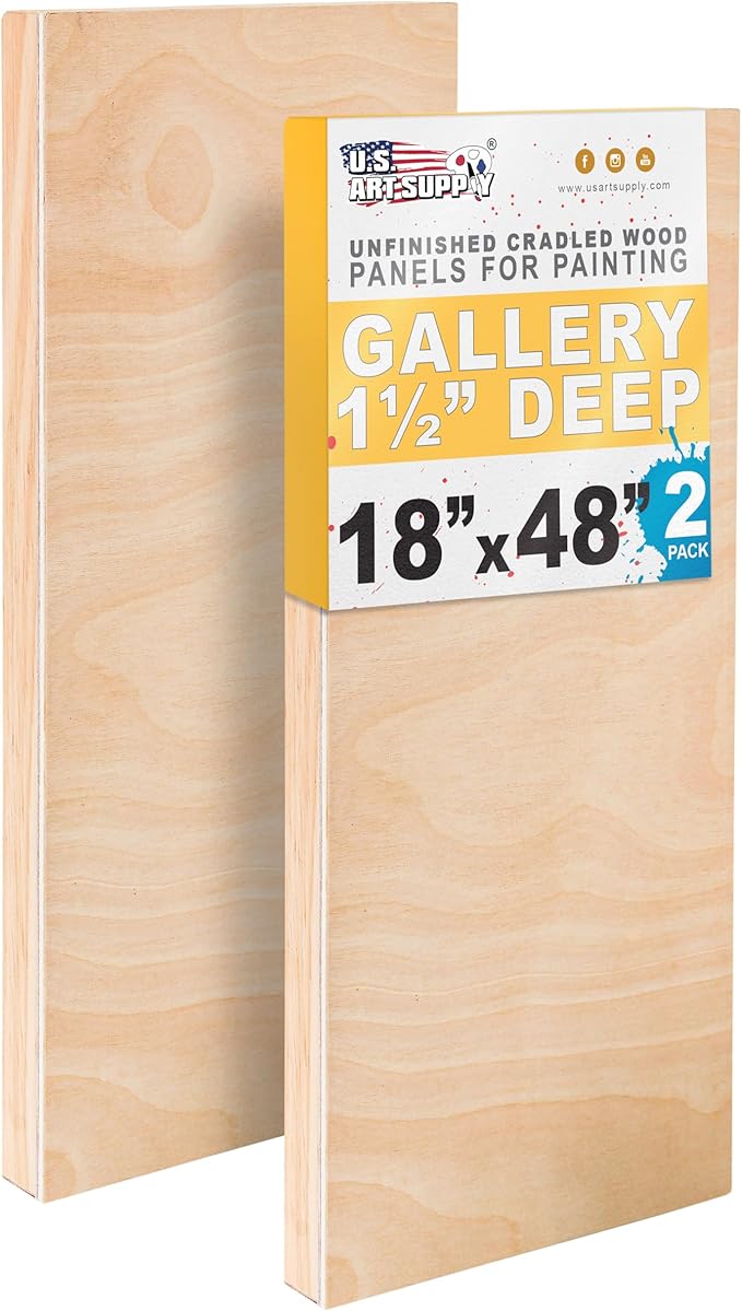 U.S. Art Supply 18" x 48" Unfinished Cradled Wood Panels for Painting, Gallery 1-1/2" Deep (2 Pack) - Artist Depth Wooden Wall Canvases - Mixed-Media Craft, Acrylic, Oil, Encaustic, Paint Pouring