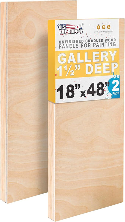 U.S. Art Supply 18" x 48" Unfinished Cradled Wood Panels for Painting, Gallery 1-1/2" Deep (2 Pack) - Artist Depth Wooden Wall Canvases - Mixed-Media Craft, Acrylic, Oil, Encaustic, Paint Pouring