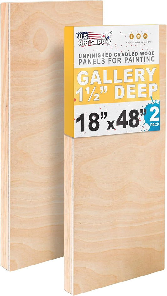 U.S. Art Supply 18" x 48" Unfinished Cradled Wood Panels for Painting, Gallery 1-1/2" Deep (2 Pack) - Artist Depth Wooden Wall Canvases - Mixed-Media Craft, Acrylic, Oil, Encaustic, Paint Pouring