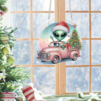 Alien Diamond Painting Hanging Ornament Kit, 5D DIY Christmas Truck & Tree Pendant Decoration with Santa Hat, Crystal Diamond Art Kit for Adults Home Wall Door Window Xmas Decor (24.1x22.6cm)