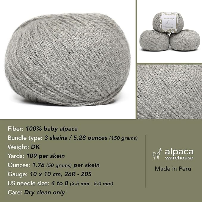 100% Baby Alpaca Yarn Wool Set of 3 Skeins (150 Grams) DK Weight - Made in Peru - Heavenly Soft and Perfect for Knitting and Crocheting (Silver Gray, DK)