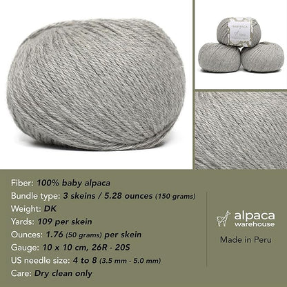 100% Baby Alpaca Yarn Wool Set of 3 Skeins (150 Grams) DK Weight - Made in Peru - Heavenly Soft and Perfect for Knitting and Crocheting (Silver Gray, DK)