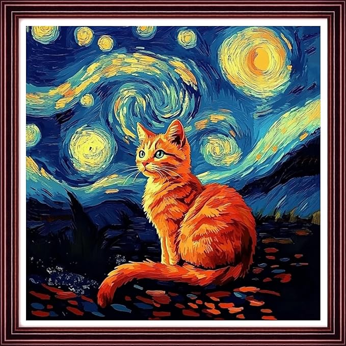 DMCCRAFT Stamped Cross Stitch Kits for Adults 11CT Printed Cross-Stitch Patterns Embroidery Kits Easy Cross Stitching Needlepoint Kits Crossstitch-Van Gogh Starry Sky Golden Cat 18x18 inch