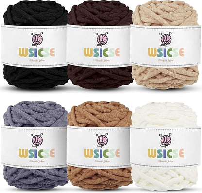 WSICSE Chenille Fluffy Yarn, Thick Chunky Blanket Yarn for Crocheting Plush Soft for Knitting Blanket DIY Gifts, 6 Pack 100g Each 3.5 oz 55 Yards(Brown Series)