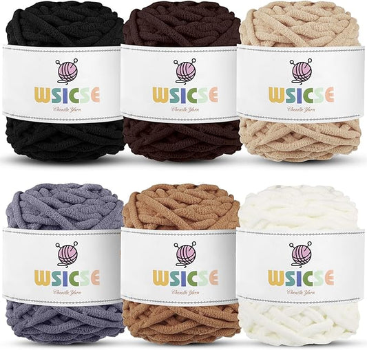 WSICSE Chenille Fluffy Yarn, Thick Chunky Blanket Yarn for Crocheting Plush Soft for Knitting Blanket DIY Gifts, 6 Pack 100g Each 3.5 oz 55 Yards(Brown Series)