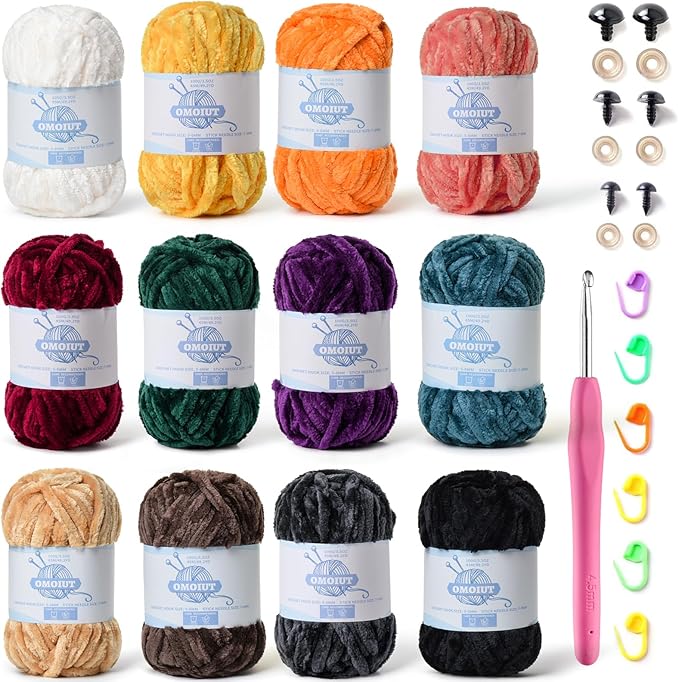 12 Pack 590 yds Chunky Chenille Yarn for Crocheting and Hand Knitting with Black Red White Green Orange Blue Plush Velvet Yarn，Baby Blanket Yarn for Crocheting Soft Amigurumi Yarn D