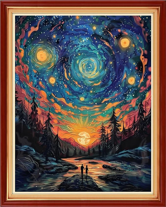 Dimensean Stamped Cross Stitch Kits Full Range of Embroidery Patterns Starter Kits for Beginners Adult DIY Cross Stitches Needlepoint Kits 11CT-Couples Under Van Gogh's Starry Sky 16x20 inch