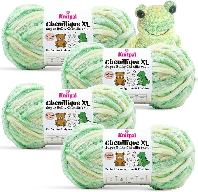Chenillique XL Plush Chenille Yarn – 4-Pack (352 Yards / 400 g) – Variegated Super Bulky Yarn for Plushies, Blankets, Amigurumi & Accessories - Spring Green