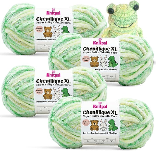 Chenillique XL Plush Chenille Yarn – 4-Pack (352 Yards / 400 g) – Variegated Super Bulky Yarn for Plushies, Blankets, Amigurumi & Accessories - Spring Green