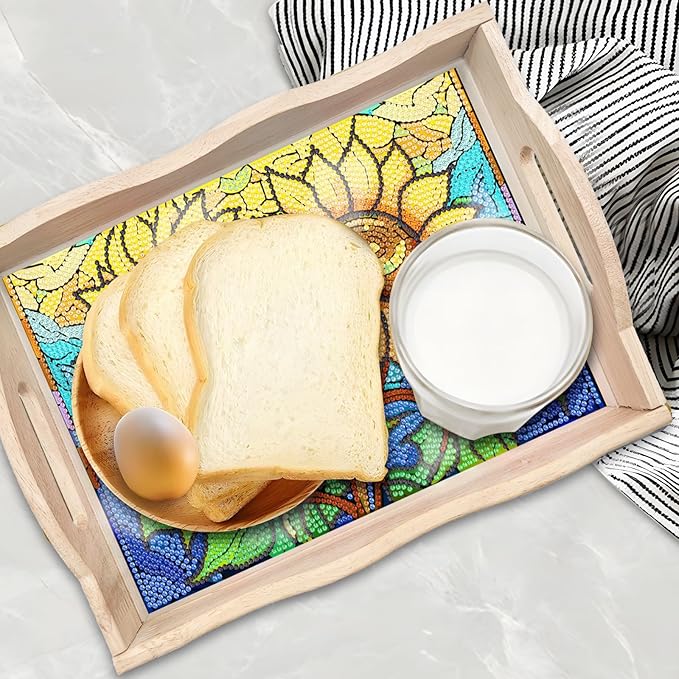 DIY Diamond Art Wooden Tray Kit, Food Tray with Handle Diamond Painted Table Decoration Tray, for Breakfast, Bar Dinner Table Diamond Dots Gem Painting Art Set for Beginners (#01-Sunflower)