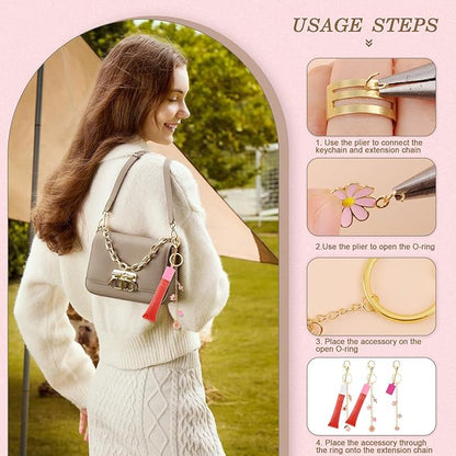 Pengxiaomei 135 Pcs DIY Keychain Making Kit, 4 Pcs Lip Gloss Keychains Cap with Pink Ornaments Lip Gloss Keychain Jewelry Keychains Accessory