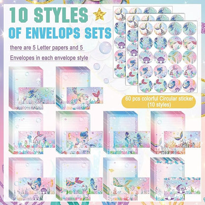 TaoBary 160 Pcs Stationery Paper Set 50 Double Sided Stationery Papers with 50 Matching Envelopes and 60 Round Dot Sticker, 10 Design(Mermaid,8.5 x 11 Inch)