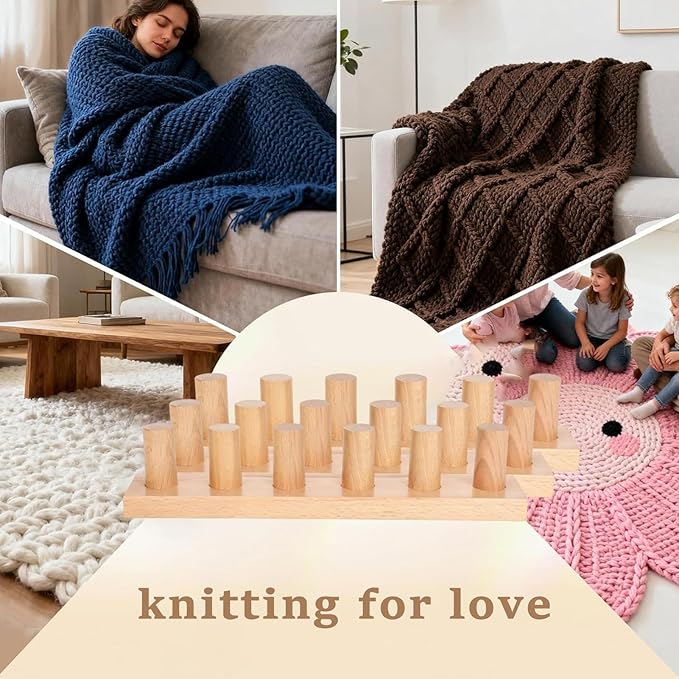 Knitting - Chunky Blanket, Hand Knitting Set, Adjustable Wooden Looms Frame, Yarn Crochet Kit for Crafts Hobby Beginners Friendly Weaving Blankets Scarf Sewing Cushion Wool Projects