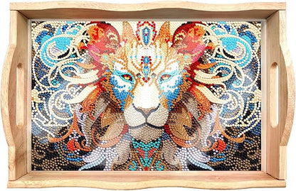 DIY Art Painting Wooden Tray Kit, Food Tray with Handle Diamond Painted Table Decoration Tray, for Breakfast, Bar Dinner Table Diamond Dots Gem Painting Art Set for Beginners (#29-Lion)