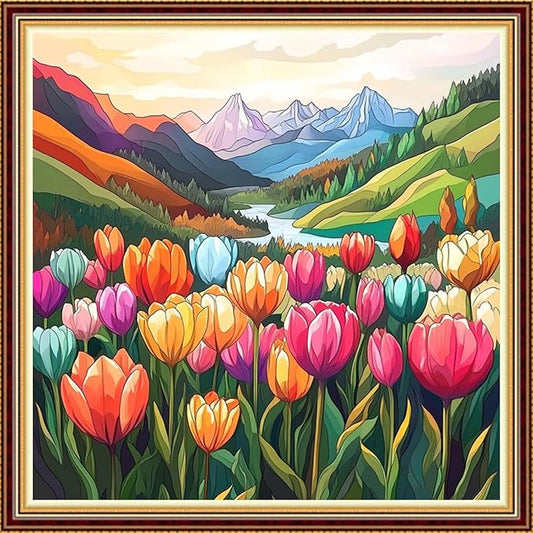Funart Stamped Cross Stitch Kits for Beginners Full Range of Cross Stitching Preprinted Embroidery Kits for Adults, 11CT Embroidery Pattern Needlepoint Kits-Colorful Tulips 18x18 inch