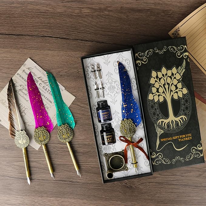 TIANREN Feather Pen and Ink Set,quill pen ink set,Antique Calligraphy Pen with 4 Replaceable Nibs,2 Bottle of ink,Pen Holder Christmas Gift for Men&Women.(Blue)