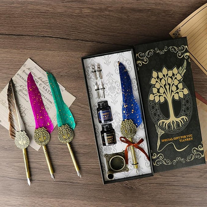 TIANREN Feather Pen and Ink Set,quill pen ink set,Antique Calligraphy Pen with 4 Replaceable Nibs,2 Bottle of ink,Pen Holder Christmas Gift for Men&Women.(Blue)