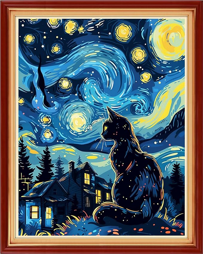 Funart Stamped Cross Stitch Kits for Beginners Full Range of Cross Stitching Preprinted Embroidery Kits for Adults, 11CT Embroidery Pattern Needlepoint Kits-Van Gogh Starry Cat 16x20 inchs