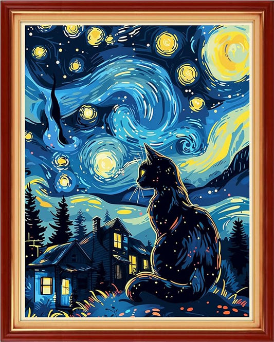 Funart Stamped Cross Stitch Kits for Beginners Full Range of Cross Stitching Preprinted Embroidery Kits for Adults, 11CT Embroidery Pattern Needlepoint Kits-Van Gogh Starry Cat 16x20 inchs