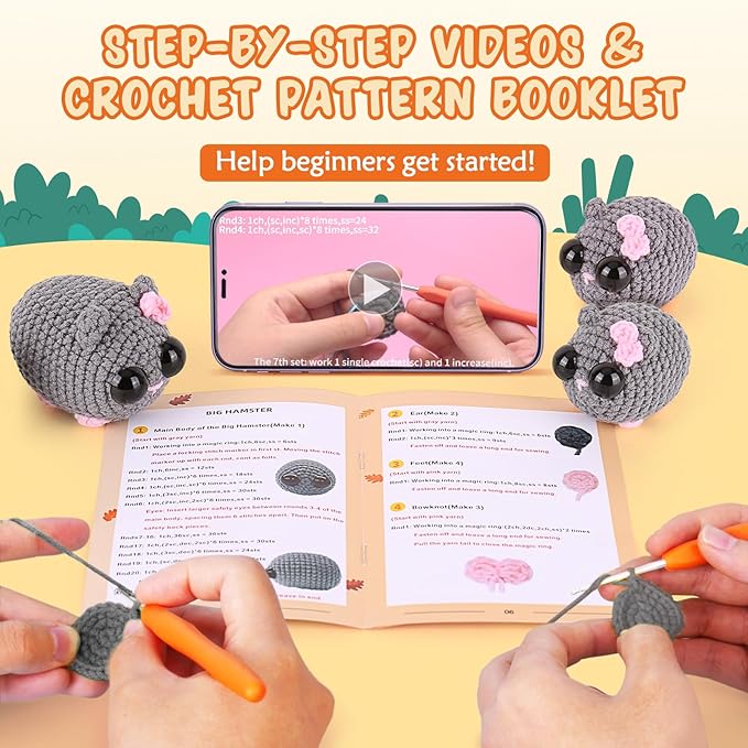 Crochet Kit for Beginners, Beginner Crochet Kit for Adults with Step-by-Step Video Tutorials, DIY Crochet Animal Kits Knitting Supplies