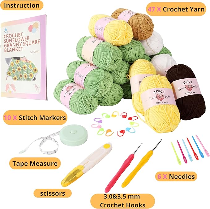 CSWCS Crochet Sunflower Blanket Kit for Beginners, Granny Square Pattern Crochet Yarn Accessories, Instructions Video for Starter, Adult Craft Knitting Kit for DIY Women (Green Sunflower)