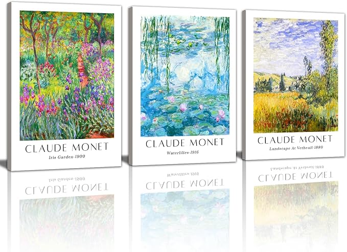 WENGTIAO Claude Monet Canvas Wall Art Prints Monet Iris Garden Landscape Oil Paintings Vintage Impressionist Reproduction Posters Pictures Classic Water Lilies Artwork for Living Room Bedroom 12x16x3