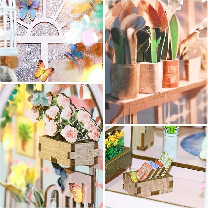 Foyucool DIY Book Nook Kit, Miniature Bookshelf Decor with LED Lights, Laser-Cut Wooden Craft Set for Adults, Creative Gift for Christmas, Birthday, Greenhouse Flower Room