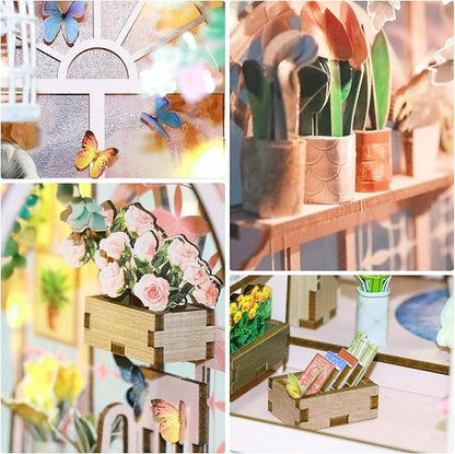 Foyucool DIY Book Nook Kit, Miniature Bookshelf Decor with LED Lights, Laser-Cut Wooden Craft Set for Adults, Creative Gift for Christmas, Birthday, Greenhouse Flower Room